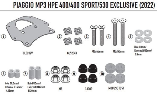 Adaptador parrilla Piaggio MP3 HPE 400-400 Sport - 530 Exclusive (22 > 23)