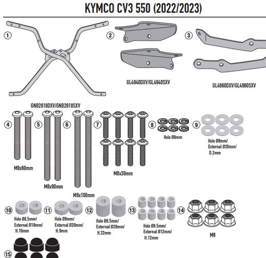 Adaptador parrilla KYMCO CV3 550 (22 > 23)