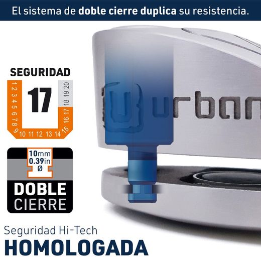 Antirrobo  UR910S Disco con Alarma 120 Db, Doble Cierre 10 mm + Cable Recordatorio 140cm