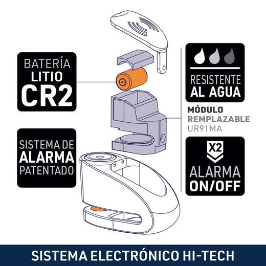 Antirrobo  UR910S Disco con Alarma 120 Db, Doble Cierre 10 mm + Cable Recordatorio 140cm